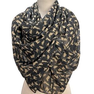 Oker All Over Cat Silhouette Print Shawl Scarf Black and Beige Lightweight Sheer